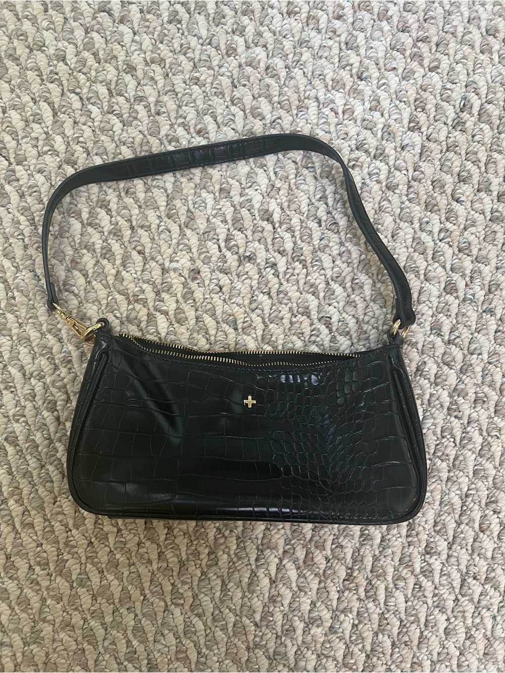 Peta + Jain Black Croc-Embossed Shoulder Bag with Gold Accent